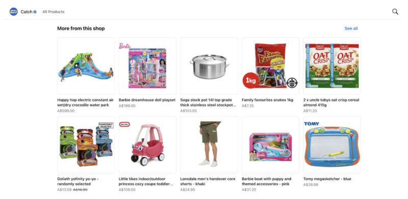 Screenshot of Catch's shop on Facebook