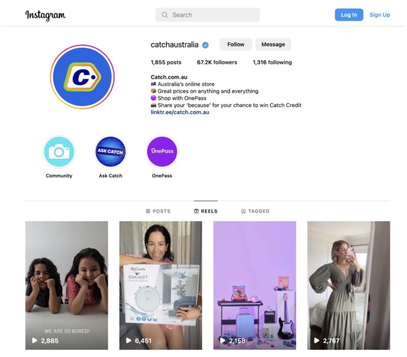 Screenshot of Catch's Reels on Instagram