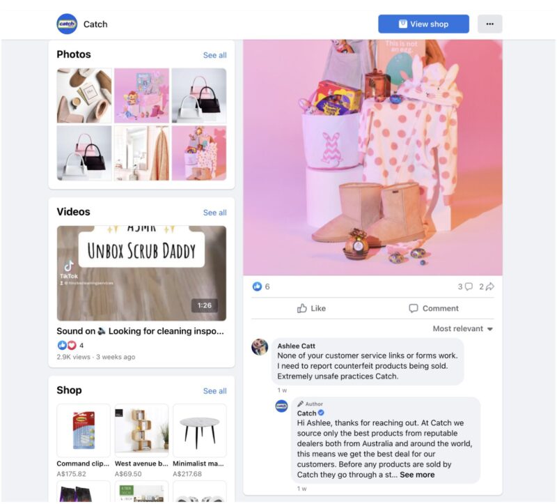 Screenshot of Catch's Facebook account