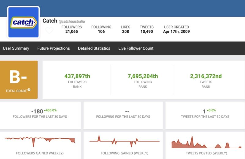 Screenshot of a social media audit on Social Blade