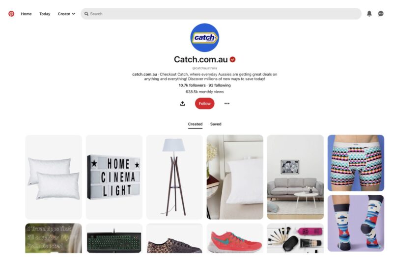 Screenshot of Catch's Pinterest account