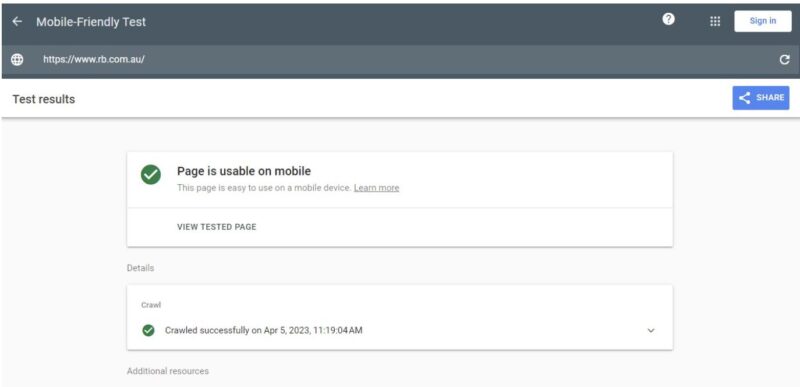 Google mobile friendly testing tool