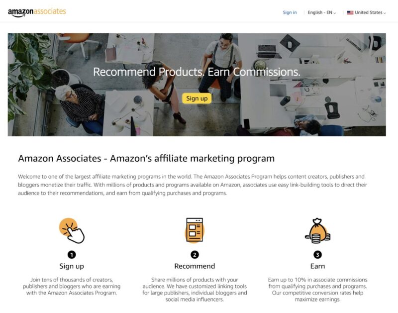 Amazon Associates landing page screenshot