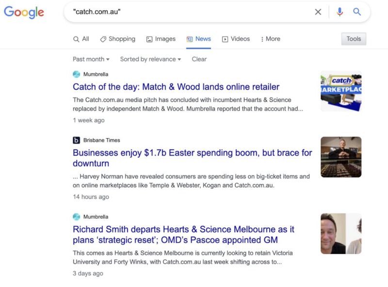 Screenshot of search results on Google for 'catch.com.au'