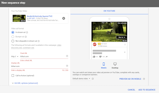 Uploading videos to video ad sequence