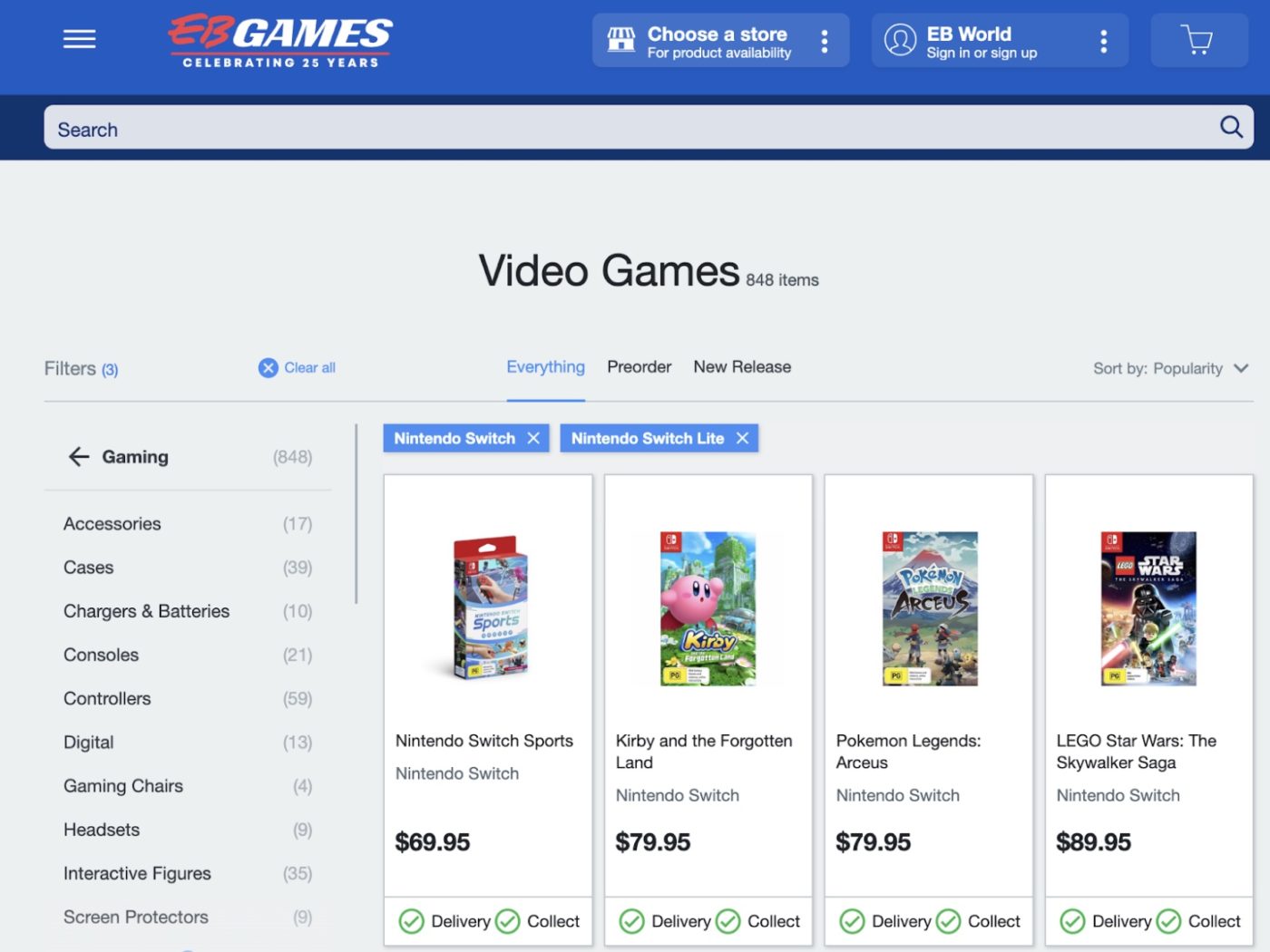 Screenshot of EB Game's product feed design