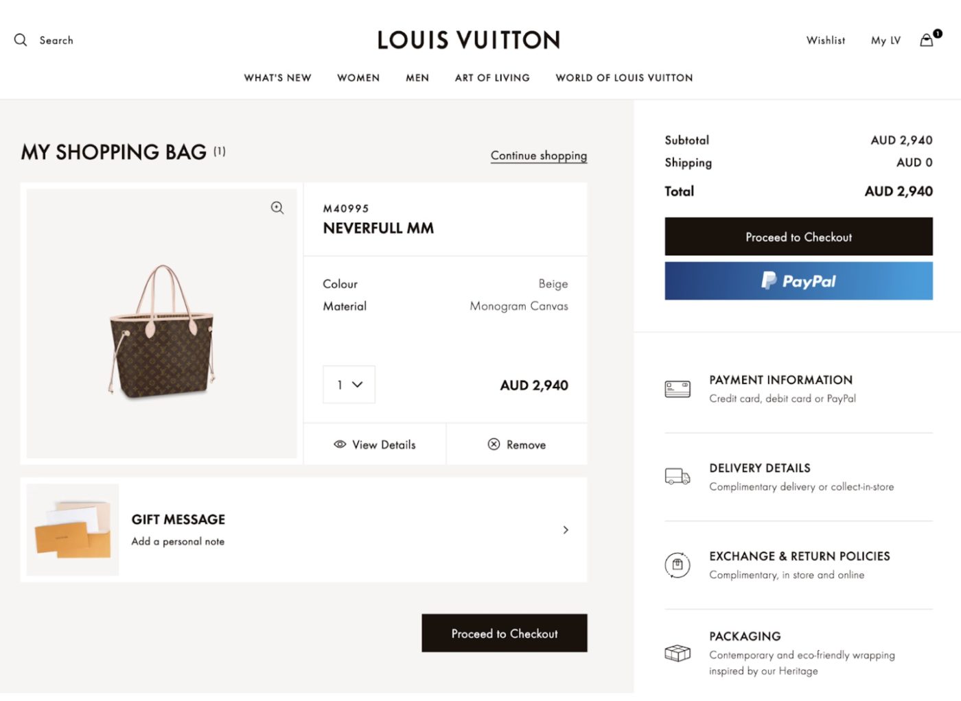 Screenshot of Louis Vuitton's product page design