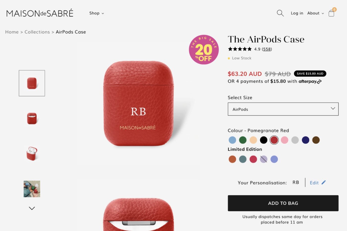 Screenshot of Maison de Sabre's product page design