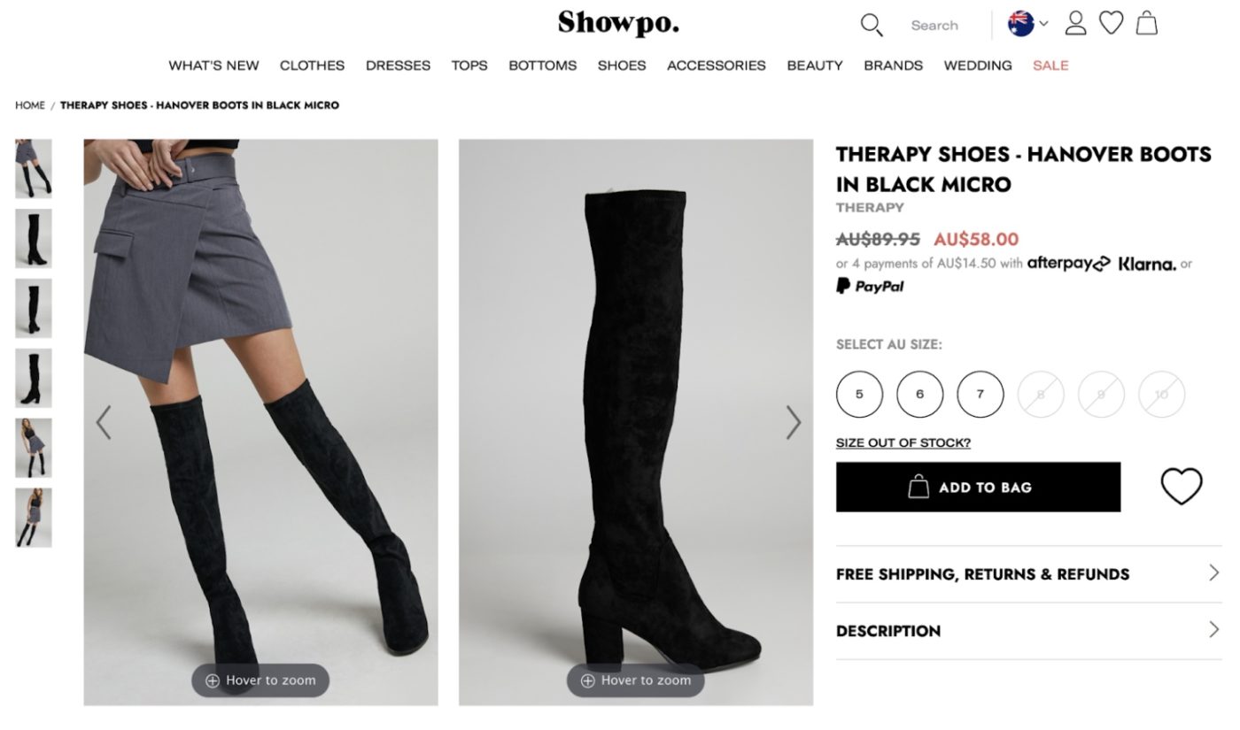 Screenshot of Showpo's product page on their Ecommerce website design