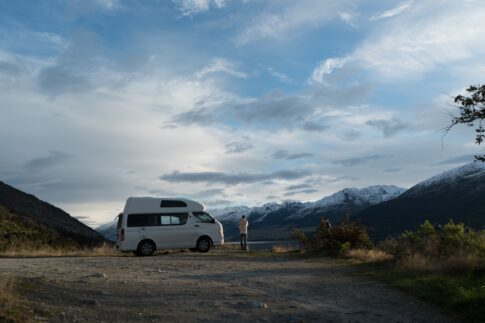 Motorhome in front of mountains