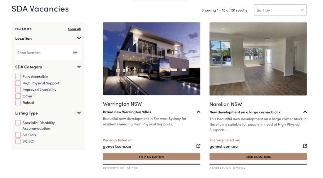 Acommodation vacancy search results on a housing provider website design.